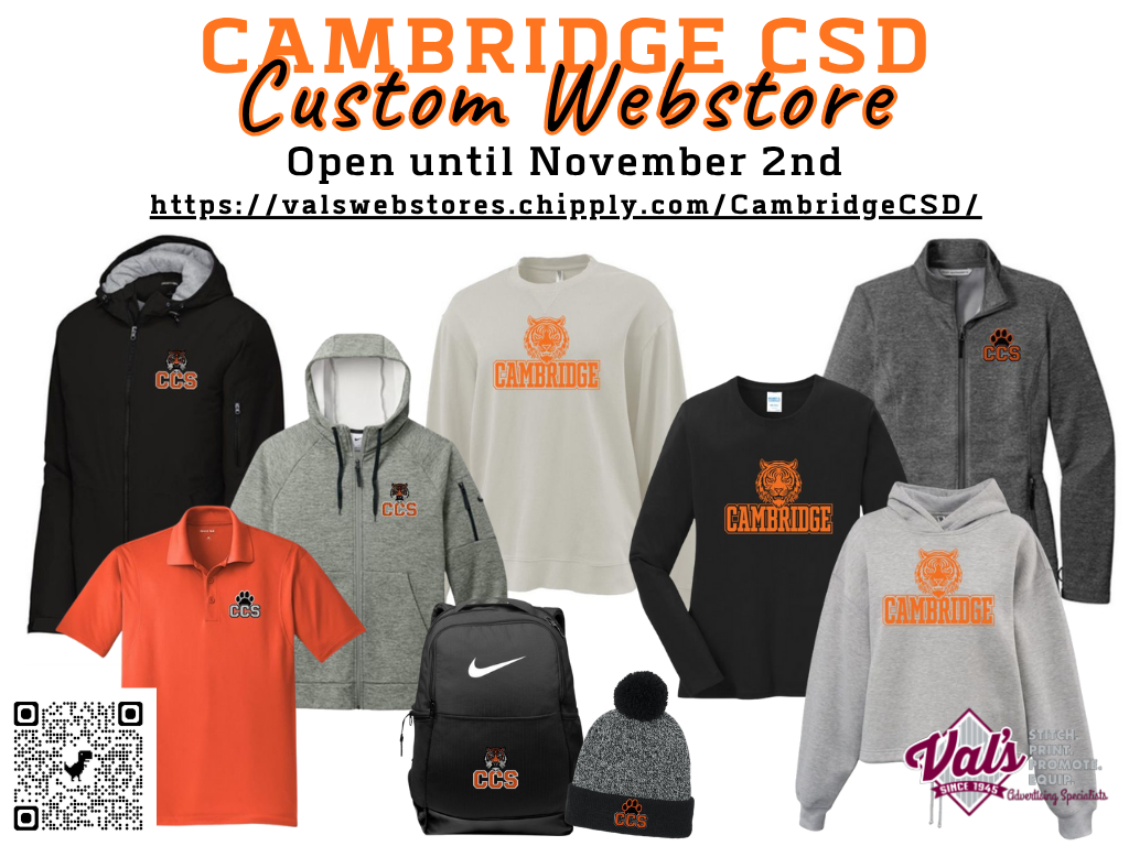 Cambridge CSD custom webstore poster with Cambridge apparel items